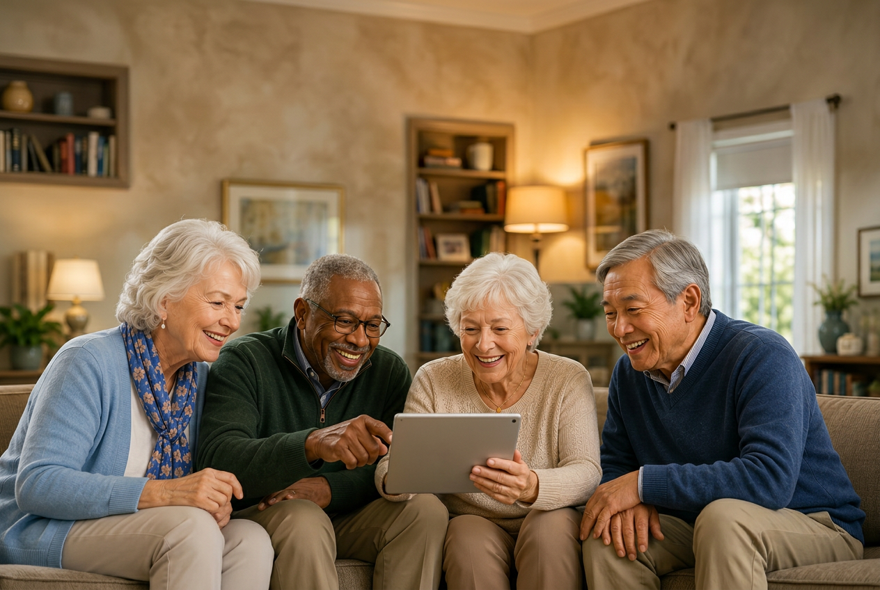 Four smiling older adults sitting on a couch together looking at a tablet